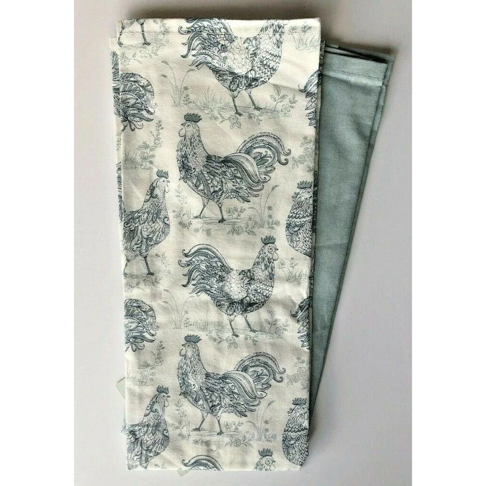 Farm Family Kitchen Dish Towels Set of 2 Sack Cloth Barn Windmill Chickens Blue